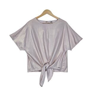 Anne Klein Blush Gold Top S Linen Blend Tie Front Soft Luxe Glam